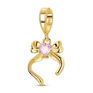 New Gold Bow W/Pink Heart Gemstone Charm